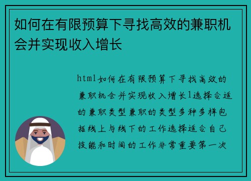 如何在有限预算下寻找高效的兼职机会并实现收入增长