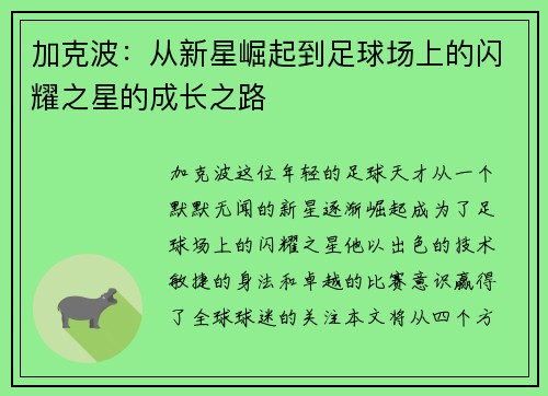 加克波：从新星崛起到足球场上的闪耀之星的成长之路