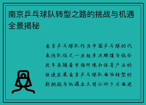 南京乒乓球队转型之路的挑战与机遇全景揭秘