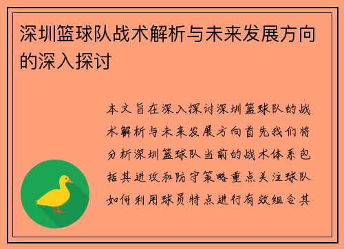 深圳篮球队战术解析与未来发展方向的深入探讨