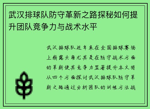 武汉排球队防守革新之路探秘如何提升团队竞争力与战术水平
