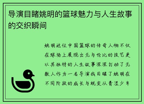 导演目睹姚明的篮球魅力与人生故事的交织瞬间