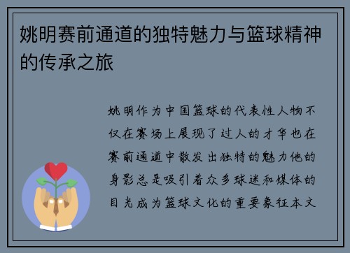 姚明赛前通道的独特魅力与篮球精神的传承之旅