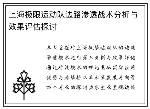 上海极限运动队边路渗透战术分析与效果评估探讨