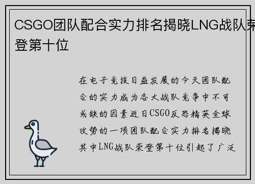 CSGO团队配合实力排名揭晓LNG战队荣登第十位