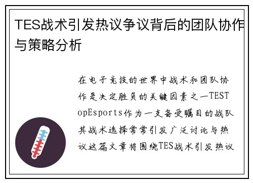 TES战术引发热议争议背后的团队协作与策略分析