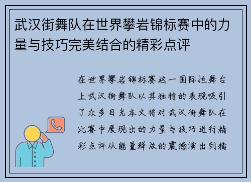 武汉街舞队在世界攀岩锦标赛中的力量与技巧完美结合的精彩点评